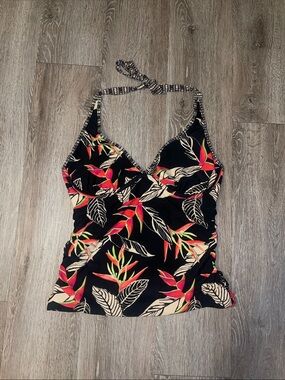 Athleta Black Halter Swim Top with Pink & Green Floral Trim 38 b c vacation